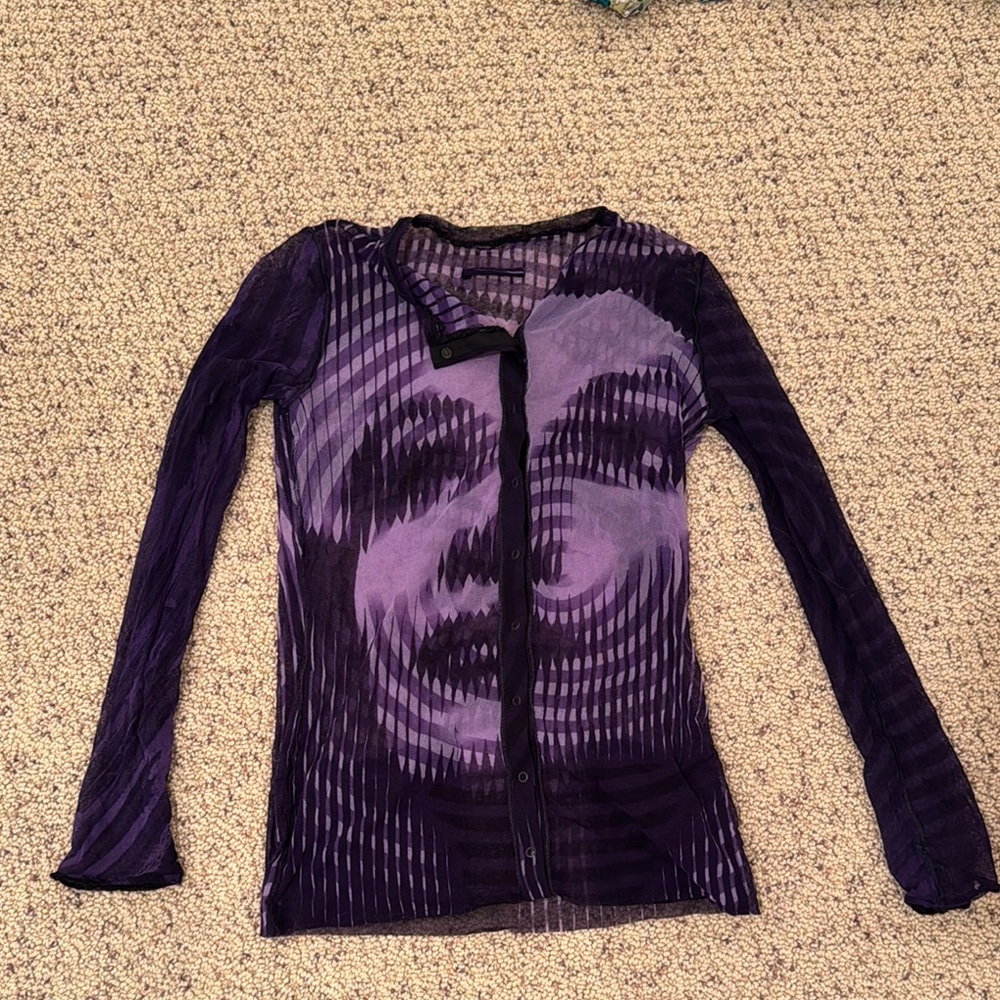Jean Paul Gaultier Vintage 2001 Purple Long Sleeve Graphic Button up Mesh Top